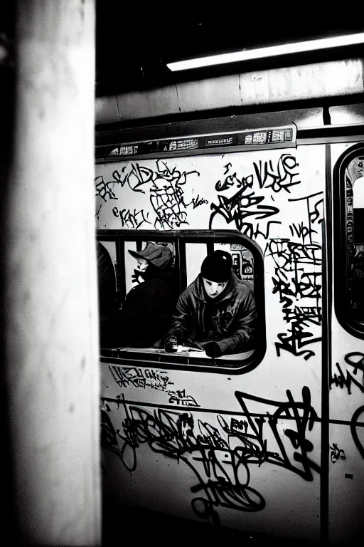 Image similar to subway cabin inside all in graffiti, man in stussy jacket closeup writing graffiti, night, film photography, exposed b & w photography, christopher morris photography