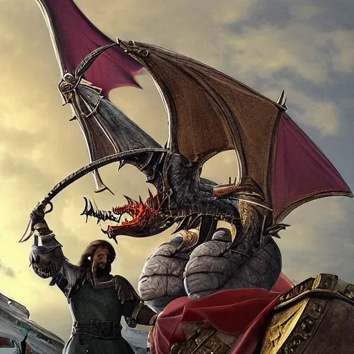 Prompt: a viking flies aboard a dragon over the white house, in his hands he holds the severed head of donald trump