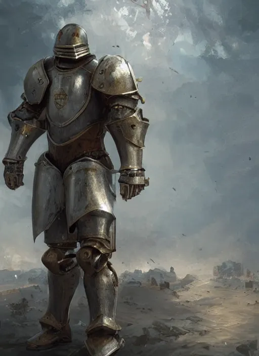 Image similar to medieval knight power armour, concept art, detailed face, medieval, highly detailed, cinematic lighting, digital art painting by greg rutkowski