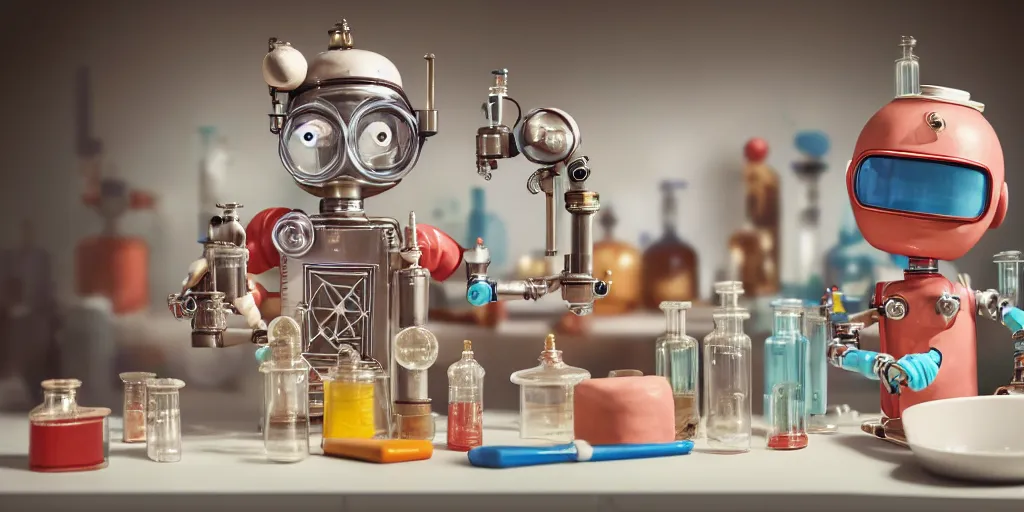 Image similar to closeup portrait of tin toy retro chemist robot mixing chemicals and cooking pastry cake in a kitchen, depth of field, zeiss lens, detailed, centered, fashion photoshoot, by nicoletta ceccoli, mark ryden, lostfish, breathtaking, 8 k resolution, extremely detailed, beautiful, establishing shot, artistic, hyperrealistic, octane render