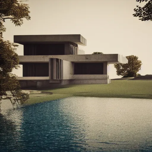 Image similar to brutalist villa on edge of a lake, antoni gaudi and le corbusier, photorealistic, cinematic, volume light, rendered in octane, artstation