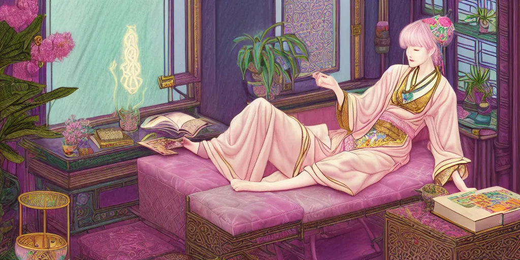 Image similar to a pastel drawing of a woman wizard, ornate clothing, lounging on a purpur pillow on the marbled checkered floor in her study room reading an ancient tome. to the side is a potted plant, moody candlelit raytracing. ancient oriental scifi fantasy setting. 4 k key art. by chie yoshii