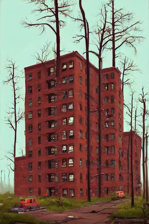 Prompt: (((((a ramshackle manhattan brick brownstone deep in the forest))))) by Simon Stalenhag!!!!!!!!!!!!!!!!!!!!!!!!!!!