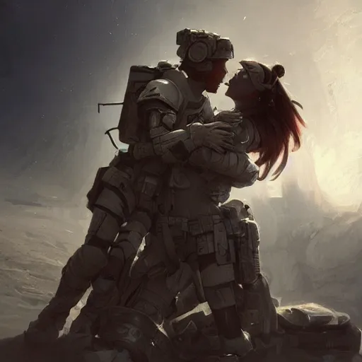 Image similar to epic portrait an space soldier hugging an female medic soldier, battlefield, explosions, cloudy, digital painting, artstation, concept art, soft light, hdri, smooth, sharp focus, illustration, fantasy, intricate, elegant, highly detailed, D&D, matte painting, in the style of Greg Rutkowski and Alphonse Mucha and artemisia, 8k, highly detailed, jurgens, rutkowski, bouguereau, pastoral, rustic, georgic, detailed concept art, illustration, colorful pastel, painting, detail, ultra detailed, digital art, 4K,