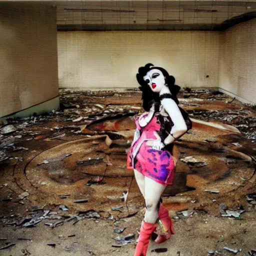 Prompt: sad drag queen in the ruins of an abandoned mall food court, david lachapelle, detailed art photography