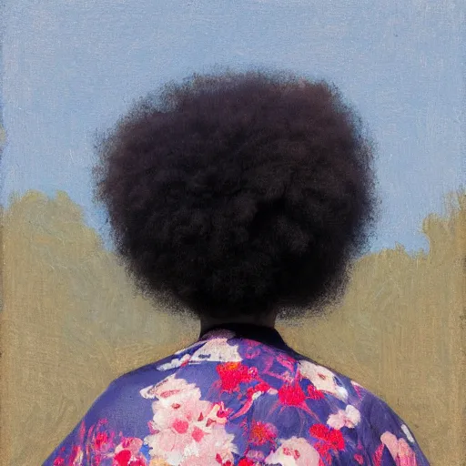 Image similar to girl with afro, in kimono, closeup portrait backview, low angle, jeremy lipking, tim rees, joseph todorovitch