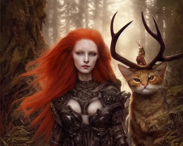 Prompt: 5 5 mm portrait photo of an armored gorgeous aesthetic redhead woman warrior with a face tattoo and antlers growing from her head and cat on her shoulder, in a magical forest. art by greg rutkowski and luis royo. highly detailed 8 k. intricate. lifelike. soft light. nikon d 8 5 0.