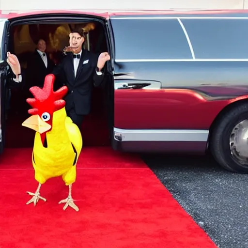 Image similar to a wide shot from a low angle of a chicken dressed in a suit stepping out of a limo and onto a red carpet