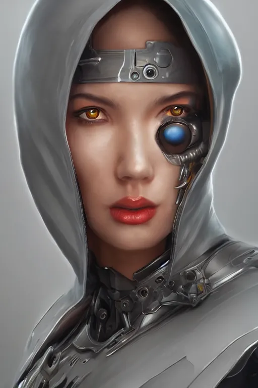 Image similar to a portrait of a faceless cyborg with a hood and mechanical part by Mars Chris and Artgerm, highly detailed, trending on artstation