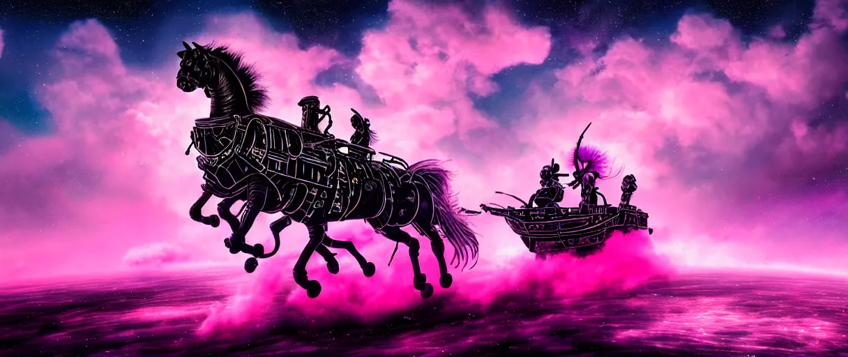 Prompt: space, a 3 horse - drawn, a mechanical horse with a pink mohawk drives a pirate spaceship, punk, hyperdetailed illustration, stars, pink, neon, oil painting, rich deep colors masterpiece, pirate neon ship, ultra detailed, contrast, heaven pink, clouds, volumetric light, atmospheric lighting, dramatic, cinematic, moody, octane render 4 k, 8 k