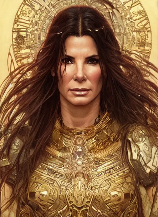 Image similar to Sandra Bullock as a beautiful warrior woman, fantasy, intricate, elegant, highly detailed, centered, digital painting, artstation, concept art, smooth, sharp focus, illustration, art by artgerm and donato giancola and alphonse mucha