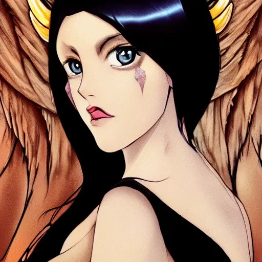 Prompt: An impeccable beauty, Albedo is a woman with lustrous jet-black hair and the face of a goddess. She has golden irises and vertically split pupils; on her left and right temples are two thick horns protruding crookedly, and on her waist are a pair of black angel wings. Albedo wears a pure white dress with silky gloves covering her slender hands and a golden spiderweb necklace that covers her shoulders and chest. In combat, she wears an impressive black full plate armor with a unique helmet and carries a battle-axe with her.