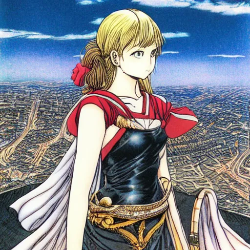 Prompt: beautiful girl looking from the edge of the mountain on the giant night city below, midnight, highly detailed colored manga page, illustration by kentaro miura and hiromu arakawa