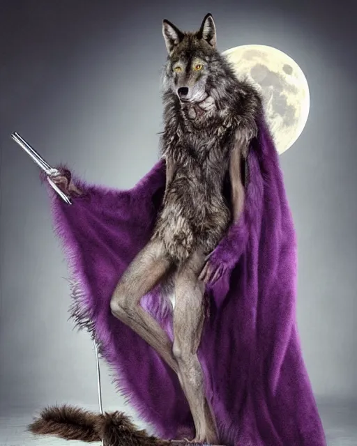 Image similar to Tall emaciated man wolf hybrid, covered in matted fur, he has yellow wolf eyes, a long bent rat like tail, long coyote like ears, and is Wearing a purple velvet cape and is holding a Silver cane with his right hand, Atmospheric Full Moon, highly realistic, Rick Baker style, photoreal, photograph in the style of Annie Leibovitz