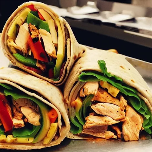 Prompt: a saucy [ chicken wrap ]! served in a tray of a [ fast food ], instagram food, hyperdetailed