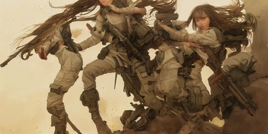 Prompt: soldier girl, anatomy, ground explosion, anime style, long hair, hair down, symmetrical facial features, under heavy fire, hyper realistic, pale skin, 4 k, rule of thirds, extreme detail, detailed drawing, trending artstation, hd, fantasy, d & d, realistic lighting, by alphonse mucha, greg rutkowski, sharp focus, backlit, soldier cloth