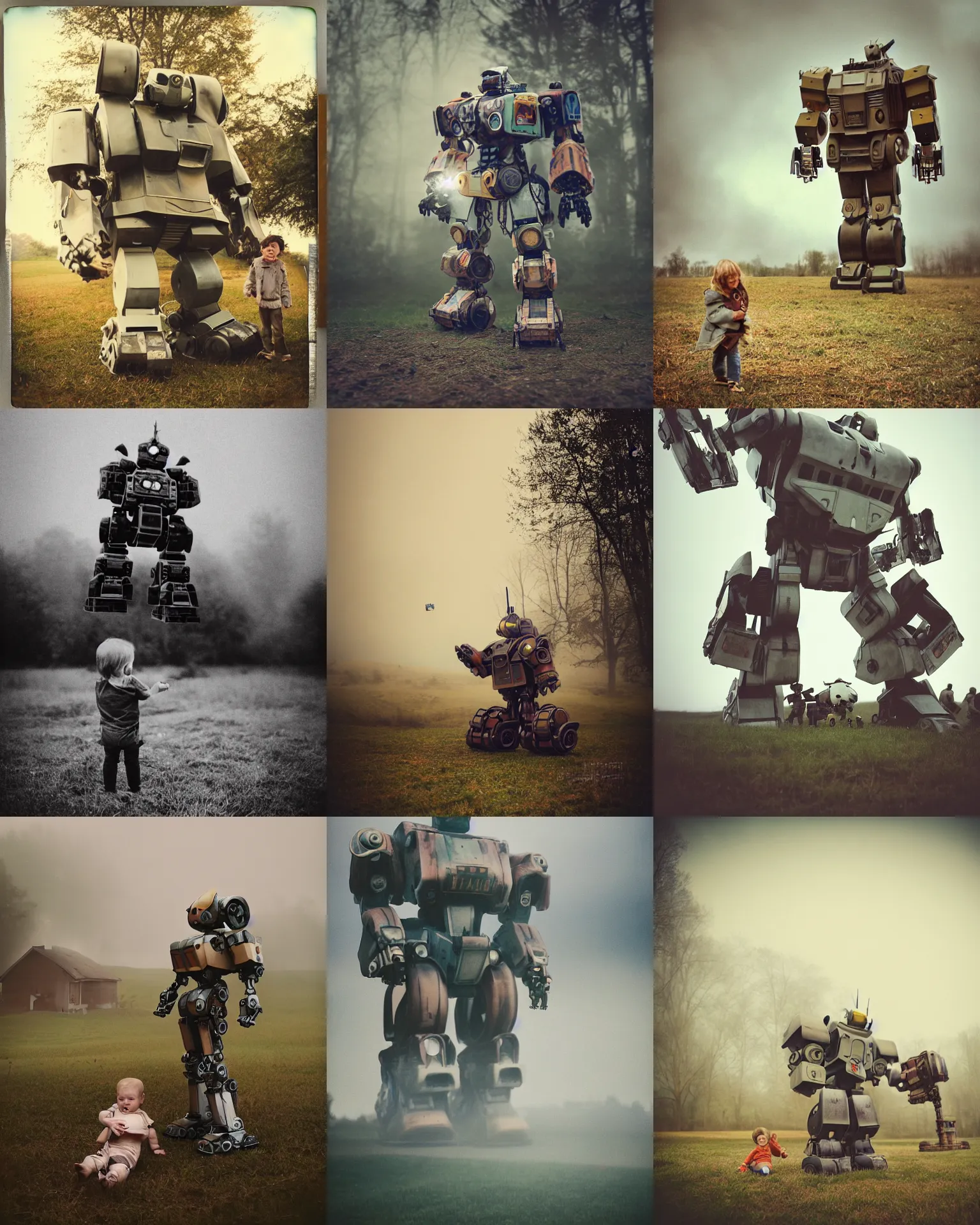 Prompt: giant oversized battle pose robot mech as giant baby on a village, Cinematic focus, Polaroid photo, vintage, neutral colors, soft lights, foggy, bokeh , destroyed farmhouse , by Steve Hanks, by Serov Valentin, by lisa yuskavage, by Andrei Tarkovsky