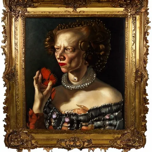 Image similar to dutch golden age oil painting by christian rex van minnen portrait of an extremely bizarre disturbing mutated woman wearing fancy fur and jewels with intense chiaroscuro lighting perfect composition