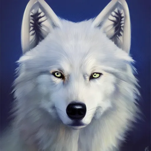 Image similar to A portrait of a white wolf wearing a crown, blue eyes, oil painting, award winning masterpiece, artstation