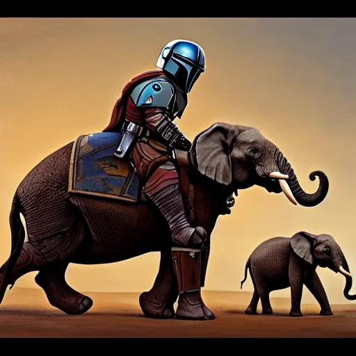 Image similar to painting of the mandalorian riding an elephant, intricate, high detail, in the style of mandalorian end credit concept art