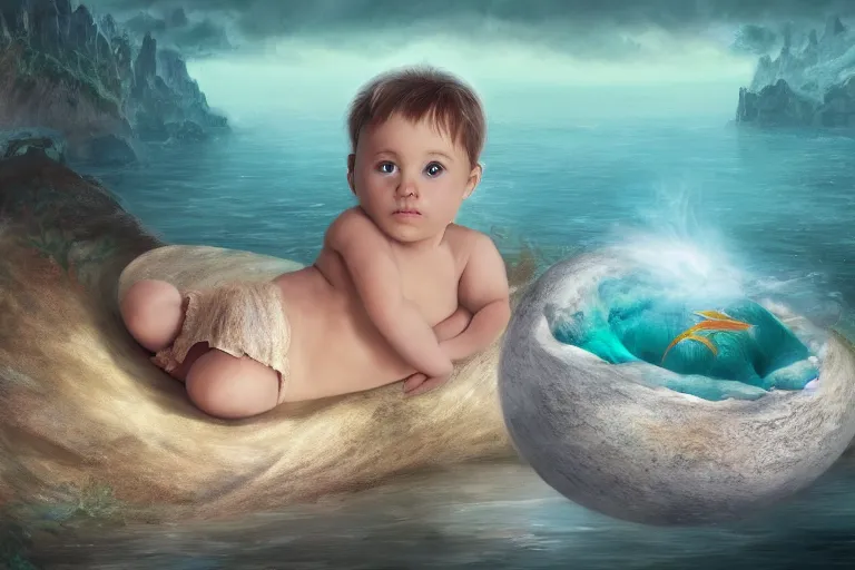 Image similar to a baby mermaid laying inside a egg, matte painting, concept art, digital art, trending on artstation, 4 k, extremely detailed, realistic, fantasy art,