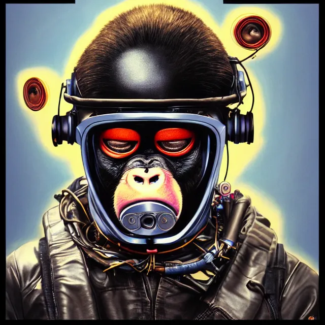 Prompt: a portrait of an anthropomorphic cyberpunk chimp in a motorcycle helmet by sandra chevrier, detailed render, tape deck, boombox, headphones, epic composition, cybernetics, 4 k realistic, cryengine, realistic shaded lighting, sharp focus, masterpiece, by matteo scalera, gary montalbano, peter elson in the style of the tokyo ghost comic