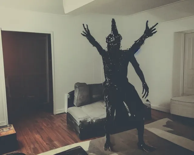 Image similar to transparent horror demon evil spirit attacks in living room with interior photos shot on iphone, dynamic pose, full body shot, sharp focus, grainy, corpse, paranormal flashlight, night, total darkness,