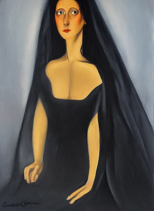 Image similar to oil painting of portait Queen of Ecstasy, dark hair, veil, black dress, Hungarian, by Georgia o Keeffe, by Marcel Jankowicz, 🥵