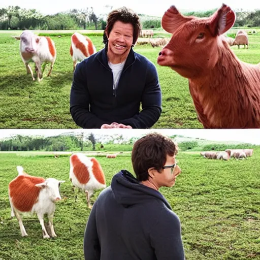 Image similar to mark wahlberg and andy samberg talking to farm animals