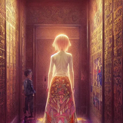 Image similar to beautiful girl in intricate clothing walking through a hallway filled with reaching hands, reflections, very high intricate details, horror, painting, digital anime art, medium shot, mid - shot, wlop, ilya kuvshinov, artgerm, krenz cushart, greg rutkowski, sana takeda