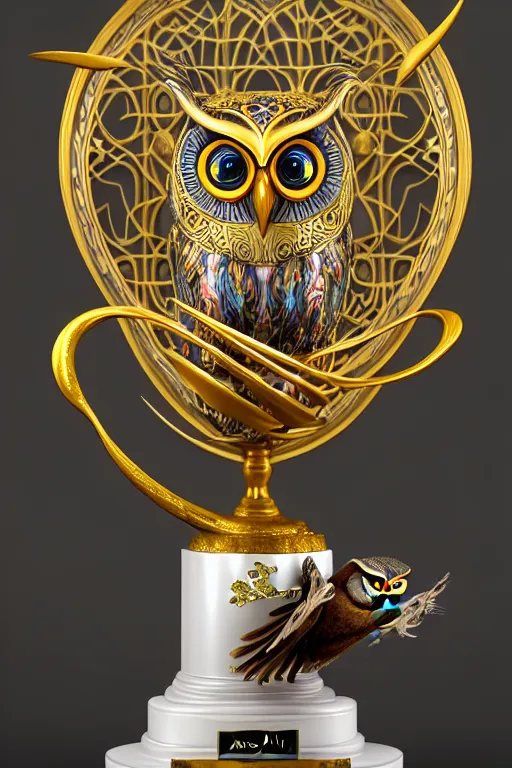 Prompt: a full painting of a trophy with flying owl on the top, 3 d render, max details, 8 k resolution, intricate art nouveau, lighting, by octane render. ami ami.