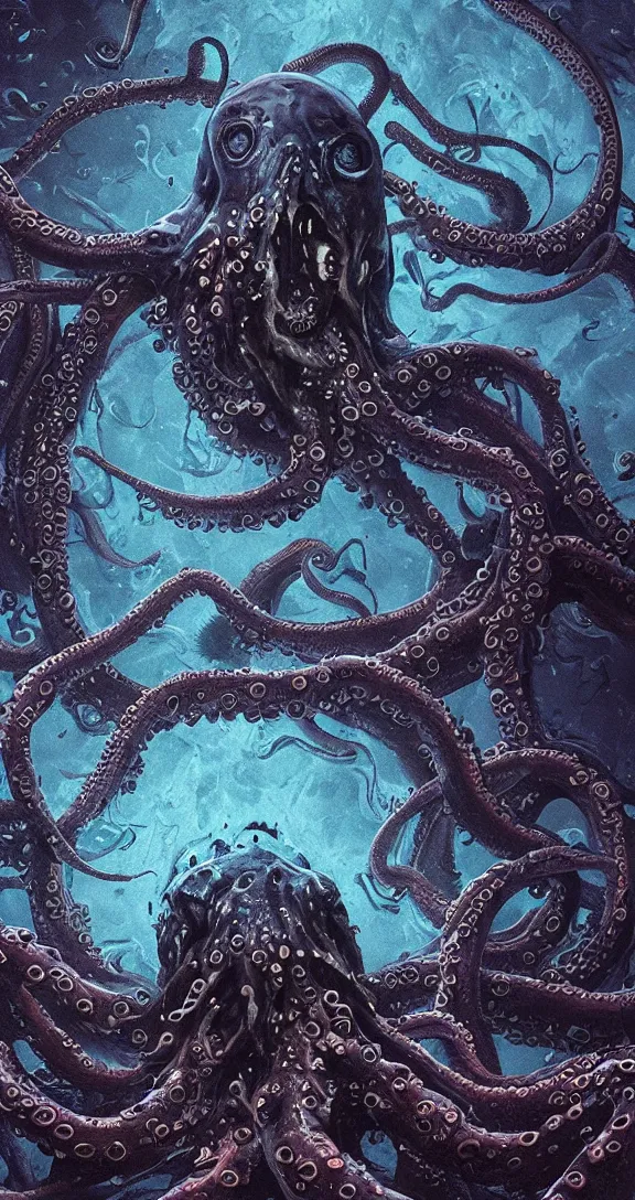 Image similar to dark dark blue ocean background, deep underwater, very terrifying demonic giant octopus with snarling wolf heads at the end of each tentacle, splattered with blood, full body portrait showing entire scary monster, neo-expressionistic, maximalist, horror monster masterpiece, trending on DeviantArt, 4K resolution, dark cinematic, hyperrealism, octane render, volumetric lighting, ultra-detailed, chiaroscuro, in the style of Giger and Ralph Steadman and Da Vinci,