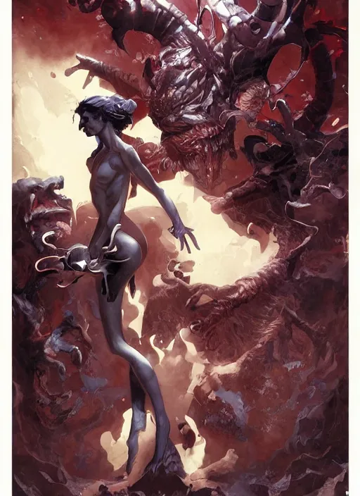 Prompt: demon holding a sign with the word ALEX by artgerm and Craig Mullins, James Jean, Andrey Ryabovichev, Mark Simonetti and Peter Morbacher 16k