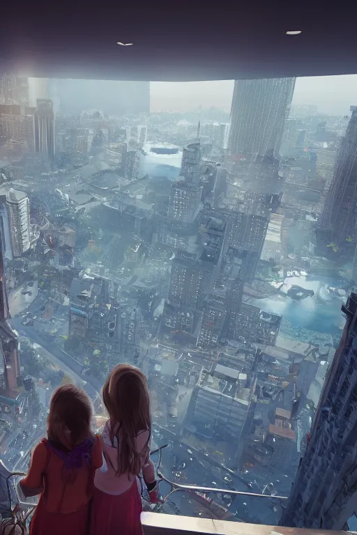 Image similar to two girls watching a city from a high rise above sea level, epic, cinematic shot, cinematic lighting, hyper realistic, soft lights, hyper detailed, bright daytime, photorealistic, ultra hd 4 k, unreal engine