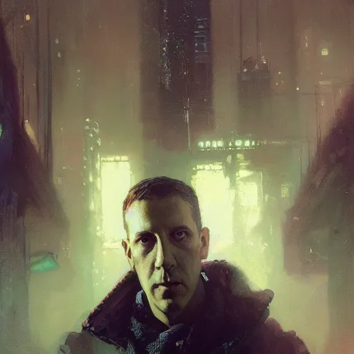 Image similar to , h p lovecraft hyperrealistic portrait, bladerunner street, art of elysium by jeremy mann and alphonse mucha and greg rutkowski, fantasy art, photo realistic, dynamic lighting, artstation, poster, volumetric lighting, very detailed face, 4 k, award winning