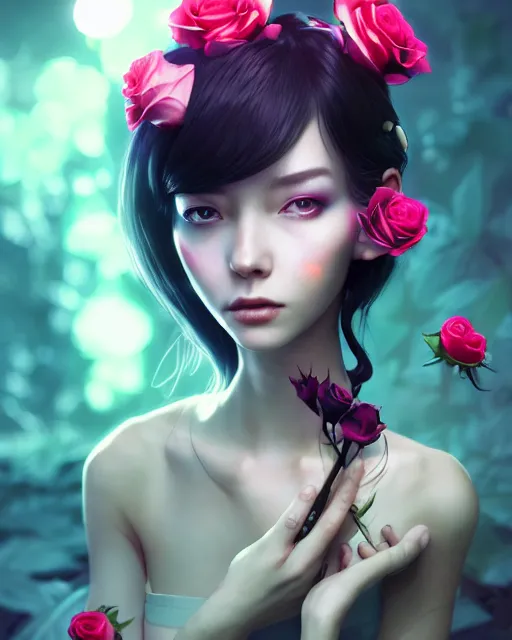 Image similar to perfect android girl, roses in hair, cyborg, flowers, metallic surface, cinematic lighting, garden, utopia, beautiful girl, kim hyun joo, advanced technology, futuristic, art by ilya kuvshinov and akiko takase and eugene gottsnake and stanislav istratov and su fu and antoine collignon