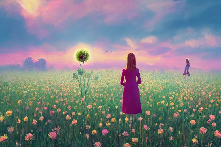 Image similar to giant thistle flower head, girl in suit in field of flowers, surreal photography, sunrise, blue sky, dramatic light, impressionist painting, digital painting, artstation, simon stalenhag