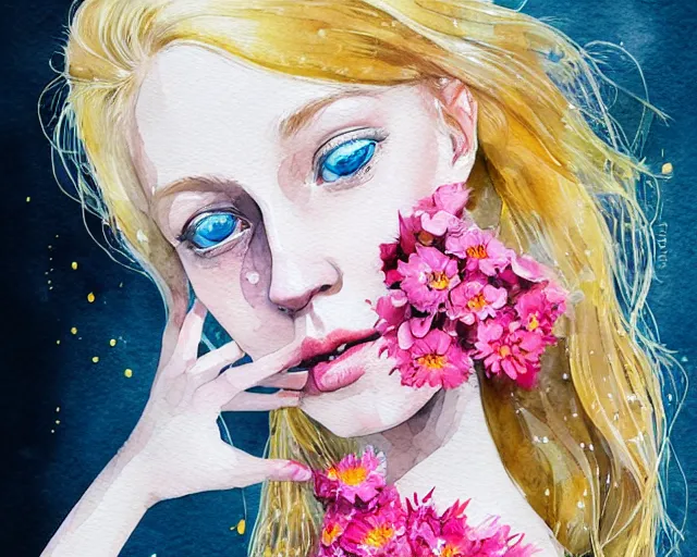 Image similar to pale young woman with bright blonde hair, freckles, big bright eyes and a very wide face, flowery dress, she is holding a professional dslr camera close to her face with her hands, expressive, surrealism, emotional bright watercolor art on white background by conrad roset