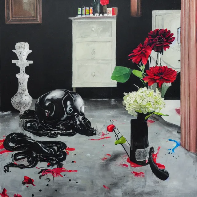 Prompt: empty room with black walls, sensual portrait of a female pathologist, broken vase, spilled flowers, puddle of water, octopus, squashed berries, neo - expressionism, surrealism, acrylic and spray paint and oilstick on canvas