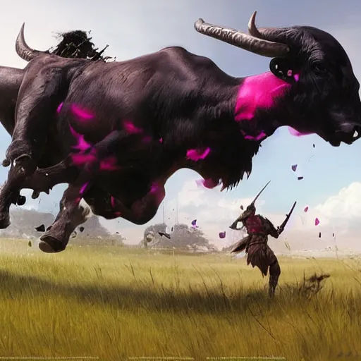 Prompt: epic scene, concept art by Maciej Kuciara, highly detailed, two black bull fight on pink a clearing with grass and a river