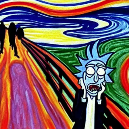 Image similar to rick sanchez from rick and morty in edward munch's scream painting