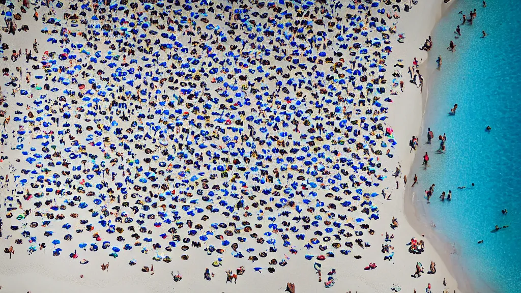 Image similar to photograph beachscapes satellite view imagery, Aerial view of beautiful sandy beach with hundreds of umbrellas and sea, Aerial of a crowded sandy beach with colourful 1970s umbrellas sun bathers and swimmers during summer, golden sand and clear blue sea, by Tommy Clarke and Joshua Jensen-Nagle