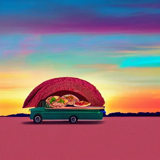 Prompt: rolling fields of tacos with a giant taco floating overhead, vivid dusk sky