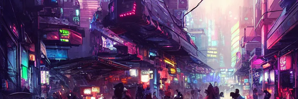 Prompt: overly crowded street of a cyberpunk city, rain, harsh neon lights, highly detailed, digital painting, trending on artstation, concept art, sharp focus, illustration, art by artgerm and greg rutkowski and magali villeneuve