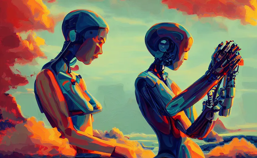 Prompt: it feels like something to be anything. Woman and her robot in a beautiful landscape. Rough strokes and grainy. Interesting colour scheme. Detailed. Beautiful digital art by artist Lurid. (2022)