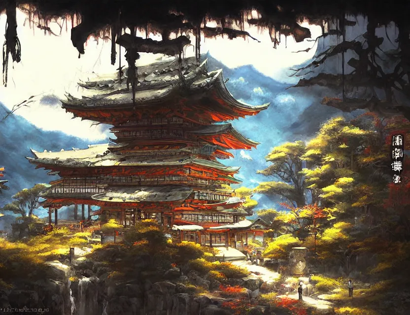 Prompt: enchanted izakaya in the faraway mountains. this oil painting by the award - winning mangaka has a beautiful composition, great sense of depth, dramatic lighting and intricate details.