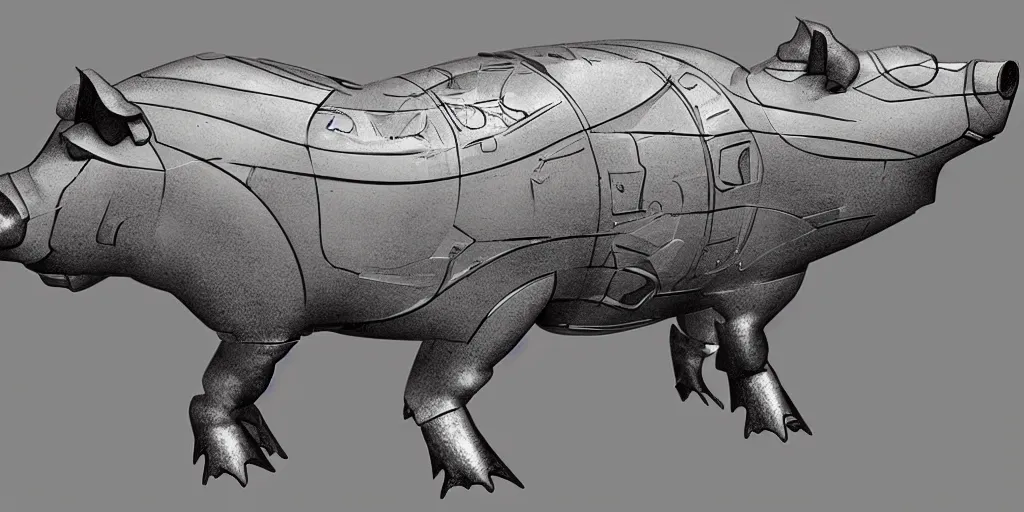 Image similar to concept art for a strong mechanized metal pig machine