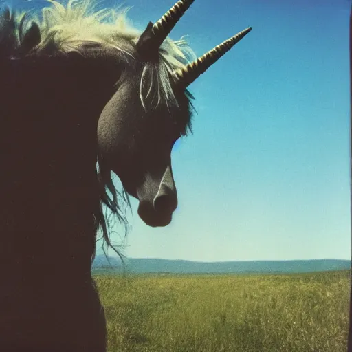 Prompt: grainy head to shoulder portrait polaroid film photograph of a unicorn in a national state park wearing sunglasses. super resolution. surreal. extremely detailed. polaroid 6 0 0 film. by annie leibovitz and richard avedon