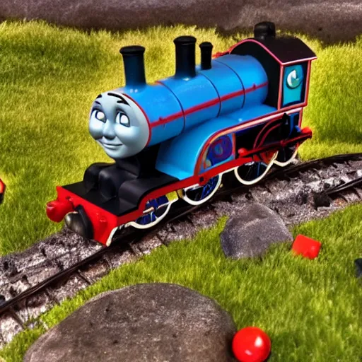 Image similar to thomas the tank engine in a graveyard gothic makeup majestic scenery high detail glow mist