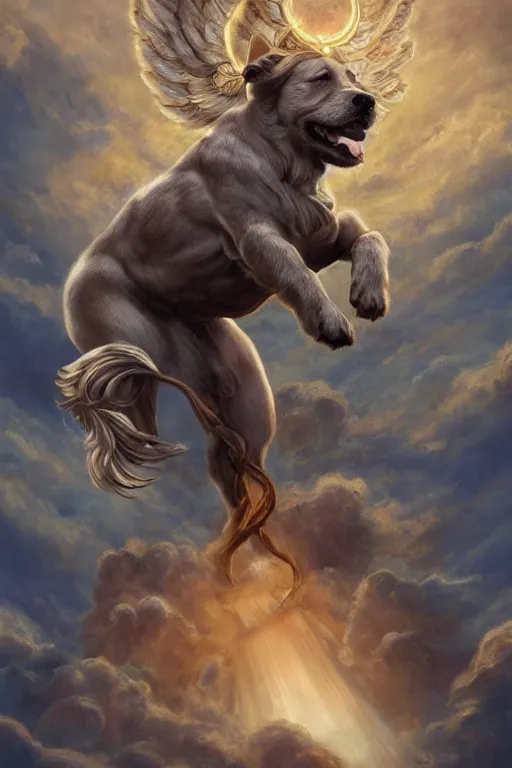 Prompt: Dog as a god with a radiant halo, detailed face, gorgeous, amazing, flowing hair, very muscular male body, partial anatomy, stormy background, caesar victorious, proud Emperor, crepuscular ray, intricate, highly detailed, 8K, digital painting, fantasy, artstation, concept art, sharp focus, over-shoulder shot, illustration, art by greg rutkowski beeple and alphonse mucha, laica chrose